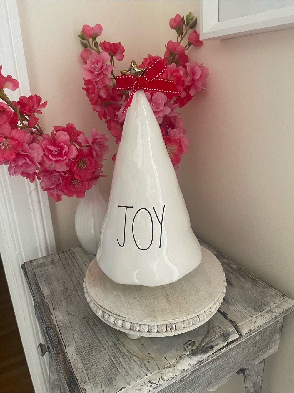 Rae Dunn JOY White Ceramic Holiday tree with Red Bow